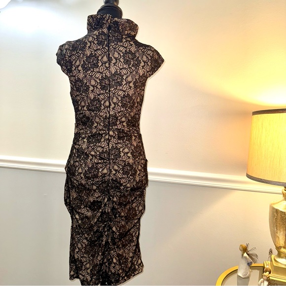 Xscape Tan Black Lace Formal/Semi midi body-con dress Sz 10. Ruched wCap sleeve. - Picture 3 of 16